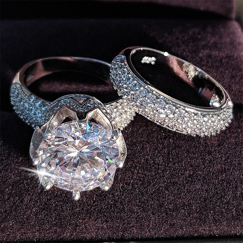 Luxury Zircon Original Sterling Silver Wedding Ring Set Bride Engagement Jewelry Gift - Trendycomfy